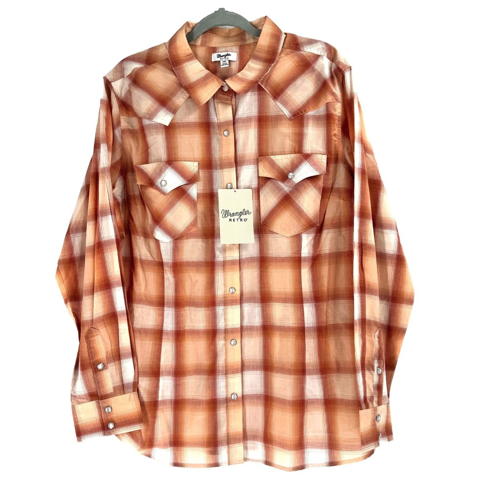 NEW Wrangler Retro Western Pearl Snap Shirt Women's XXL Orange Plaid Cowgirl